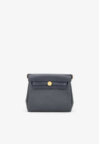 Hermes Mini Herbag Zip Retourne 20 In Ardoise Canvas And Hunter With Gold Hardware In Gray