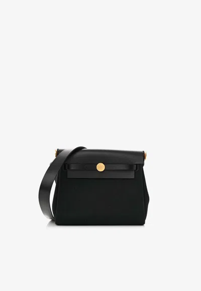 Hermes Mini Herbag Zip Retourne 20 In Black Canvas And Fauve Hunter With Gold Hardware