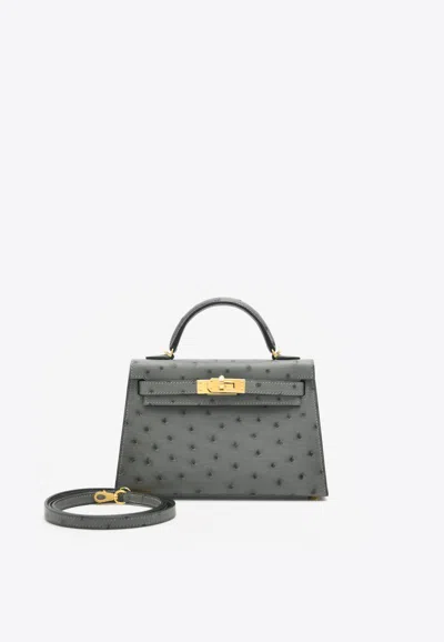 Hermes Mini Kelly 20 In Gris Meyer Ostrich Leather With Gold Hardware In Gray
