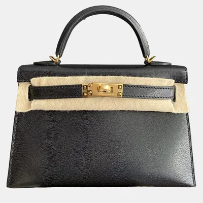 Pre-owned Hermes Mini Kelly Ii Black & Gold Goatskin