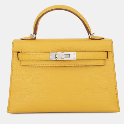 Pre-owned Hermes Mini Kelly Ii Verso Jaune Ambre Rose Tyrien Chevre Shamqila Leather Palladium Hardware Top Handle Ba In Yellow