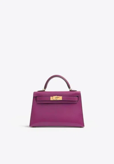 Hermes Mini Kelly Sellier 20 In Anemone Chèvre With Permabrass Hardware In Pink