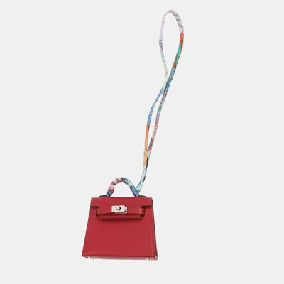 Pre-owned Hermes Mini Kelly Twilly Rouge Vif Tadelakt Calfskin Leather Silk Bag Charm In Red