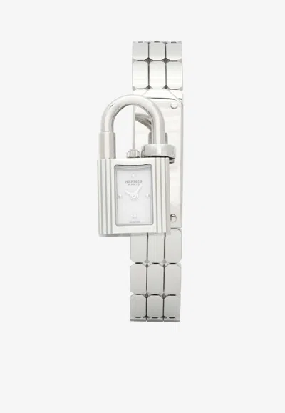 Pre-owned Hermes Mini Kelly Watch 16mm In Single Tour Steel Bracelet In Silver