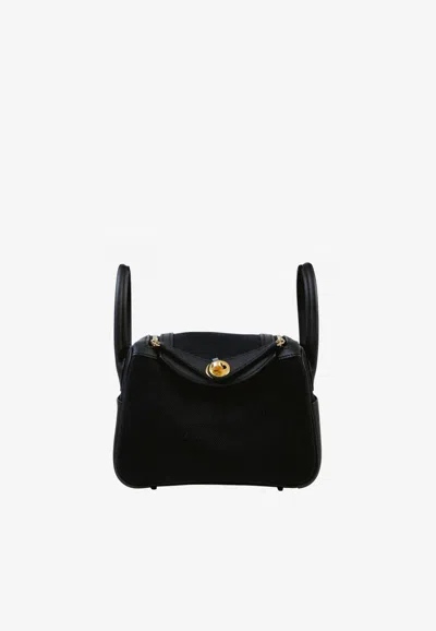 Hermes Mini Lindy 20 Ii In Black Canvas And Swift Leather With Gold Hardware