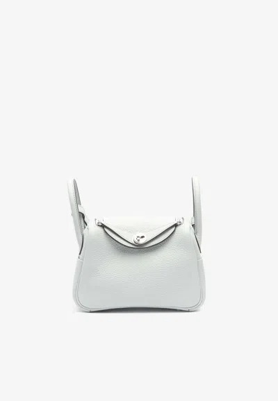 Hermes Mini Lindy 20 In Bleu Pale Clemence Leather With Palladium Hardware In Red