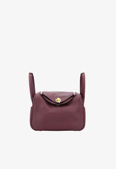 Hermes Mini Lindy 20 In Bordeaux Swift Leather With Gold Hardware In Pink