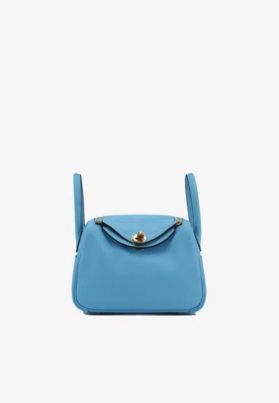 Hermes Mini Lindy 20 In Celeste Clemence Leather With Gold Hardware
