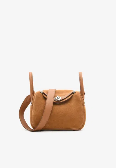 Hermes Mini Lindy 20 In Gold Swift And Chamois Grizzly With Palladium Hardware