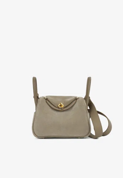 Hermes Mini Lindy 20 In Gris Caillou Grizzly And Etoupe Swift With Gold Hardware In Brown