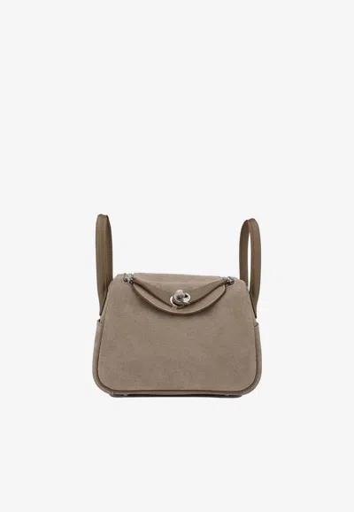 Hermes Mini Lindy 20 In Gris Caillou Grizzly And Etoupe Swift With Palladium Hardware