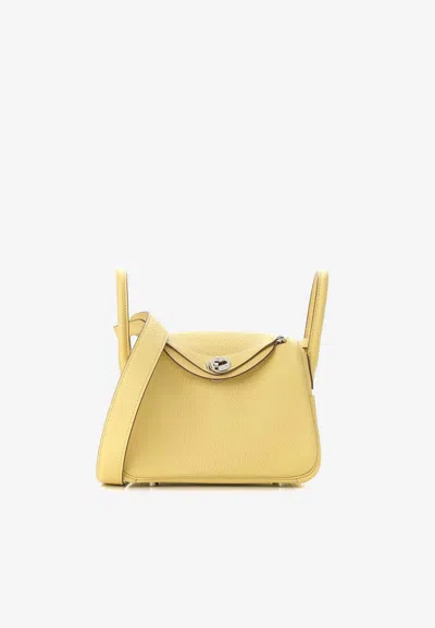 Hermes Mini Lindy 20 In Jaune Poussin Clemence Leather With Palladium Hardware