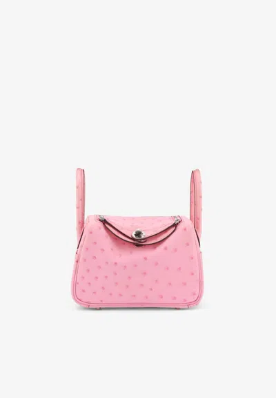 Hermes Mini Lindy 20 In Rose Bubblegum Ostrich Leather With Palladium Hardware