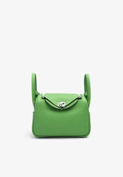 Hermes Mini Lindy 20 In Vert Yucca Clemence Leather With Palladium Hardware In Green