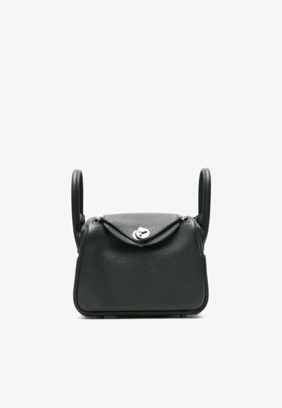 Hermes Mini Lindy Ii In Black Clemence Leather With Palladium Hardware