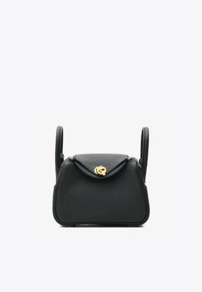 Hermes Mini Lindy Ii In Black Clemence With Gold Hardware
