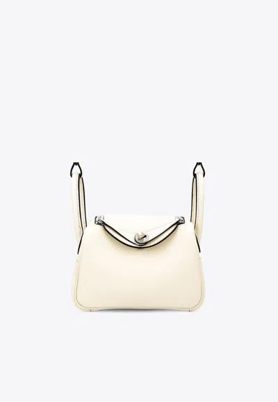 Hermes Mini Lindy Ii In Cream Taurillon Clemence With Palladium Hardware In White