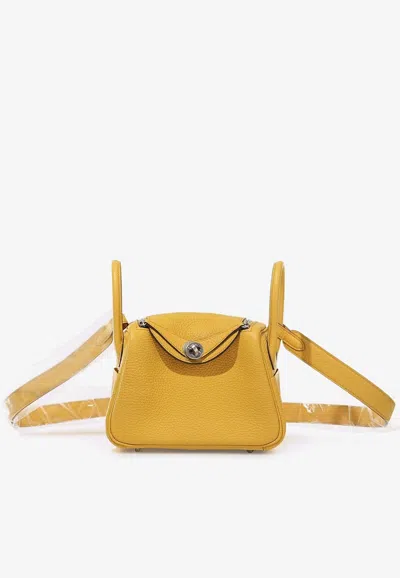 Hermes Mini Lindy In Sun Clemence Leather With Palladium Hardware