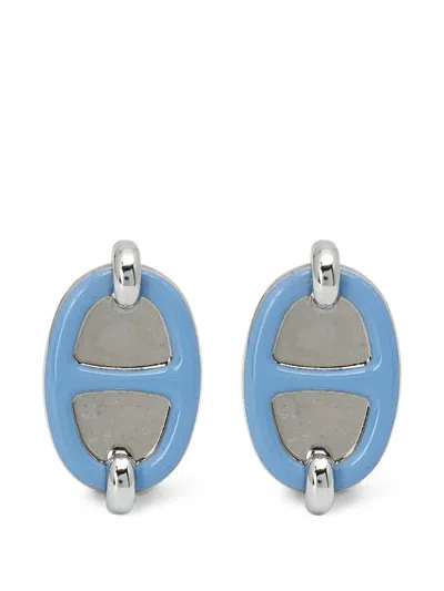 Pre-owned Hermes Mini Maillon Enamel Earrings In Silver