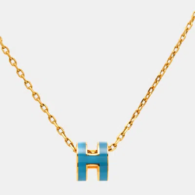 Pre-owned Hermes Mini Pop H Blue Enamel Gold Plated Pendant Necklace
