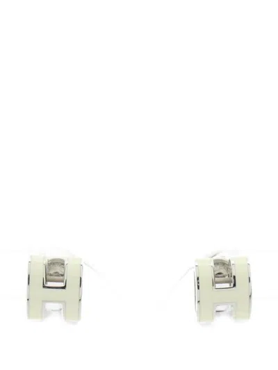 Pre-owned Hermes Mini Pop H Earrings In Silver