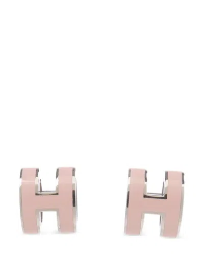 Pre-owned Hermes Mini Pop H Earrings In Silver