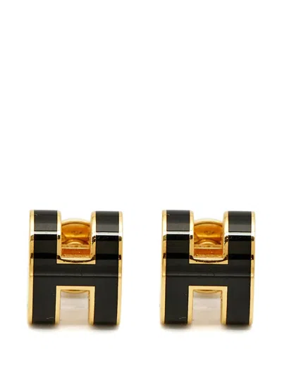Pre-owned Hermes Mini Pop H Enamel Earrings In Gold