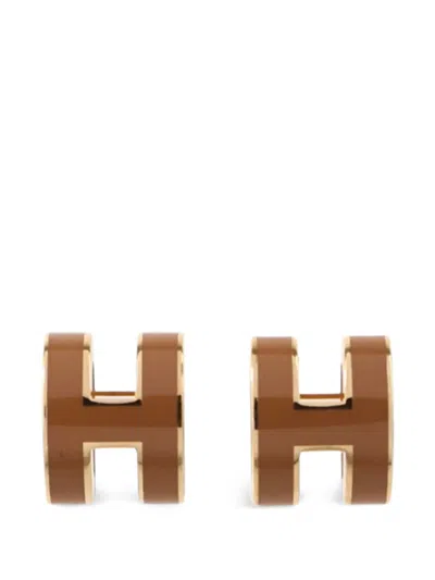 Pre-owned Hermes Mini Pop H Enamel Earrings In Gold