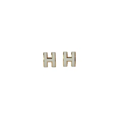 Pre-owned Hermes Mini Pop H Stud Earrings Gold Hardware White