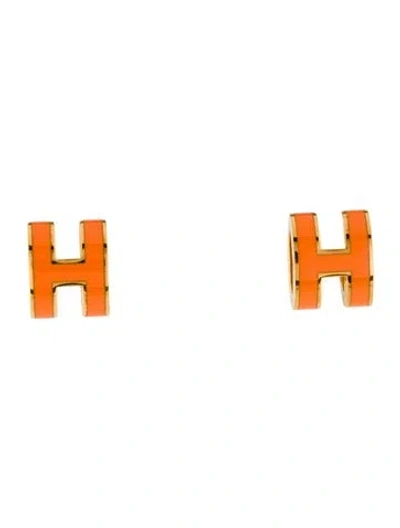 Pre-owned Hermes Mini Pop H Stud Earrings In Orange