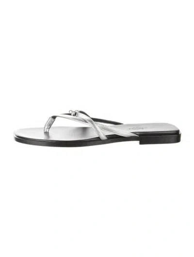 Pre-owned Hermes Miss Calfskin Flip Flops In Metallic/silver