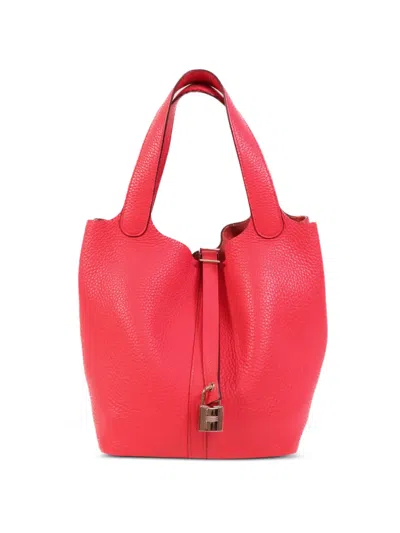 Pre-owned Hermes Mm Picotin Clemence Tote Bag In Red