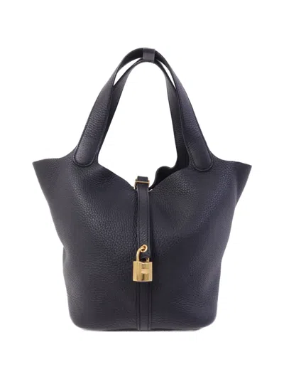 Pre-owned Hermes Mm Picotin Clemence-leather Tote Bag In Black