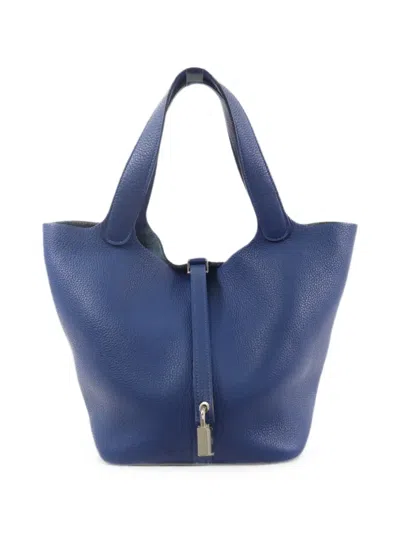 Pre-owned Hermes Mm Picotin Leather Tote Bag In Blue