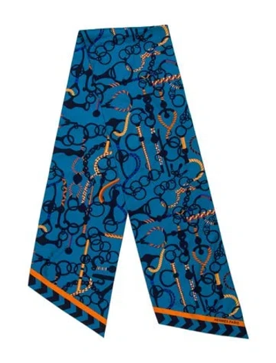 Pre-owned Hermes Mors Et Tresses Maxi Silk Twilly Scarf In Blue