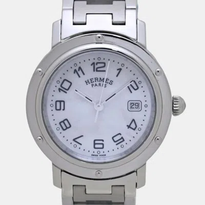 Pre-owned Hermes Mother Of Pearl Stainless Steel Clipper Cl6.410 Quartz Men's Wristwatch 31 Mm In White