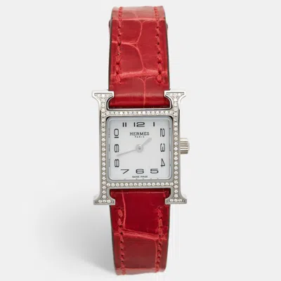 Pre-owned Hermes Hermès Mother Of Pearl Stainless Steel Diamond Alligator Heure H Mini Hh1.131 Women's Wristwatch 17 In White