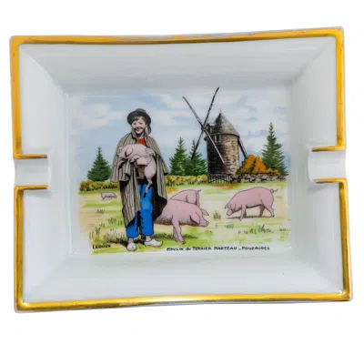 Pre-owned Hermes Moulin Du Terrier Marteau Pouzauges Ashtray Porcelain Gold Trims - Rare In Multi