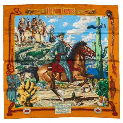 Pre-owned Hermes Moutard Silk Pony Express Scarf In Box In Brown