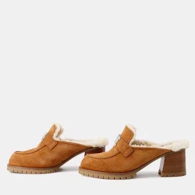 Pre-owned Hermes Mule Flore Brown Chevre Leathervelour Sheepskin Size 37