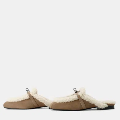 Pre-owned Hermes Mule "oz" Etoupe / Ecru Chevre Velour Sheepskin Size 37 In Brown