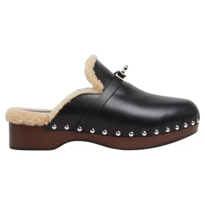 Pre-owned Hermes Hermès Mules Sabots Carlotta Eu39 Black Leather Shearling Clogs Uk6 Us8.5