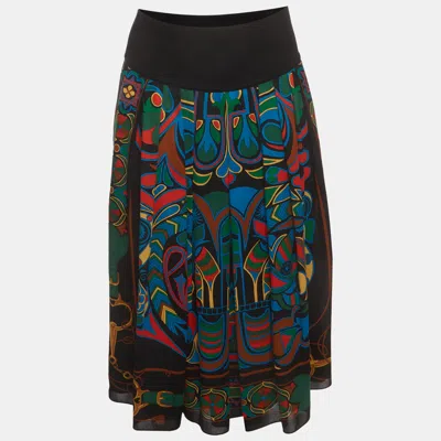Pre-owned Hermes Multicolor Printed Crepe Pleated Midi Skirt L