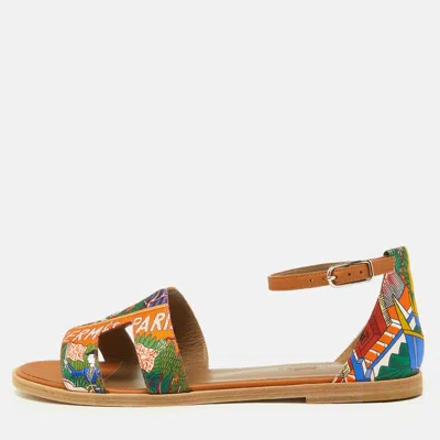 Pre-owned Hermes Multicolor Silk And Leather Santorini Ankle Strap Sandals Size 37