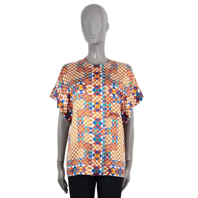 Pre-owned Hermes Multicolor Silk Geometric Short Sleeve Blouse Shirt Top 36 Xs In Brown