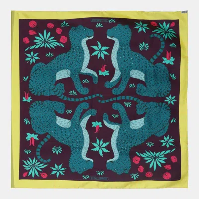 Pre-owned Hermes Multicolor Silk 'les Leopards' Printed Silk Scarf 90