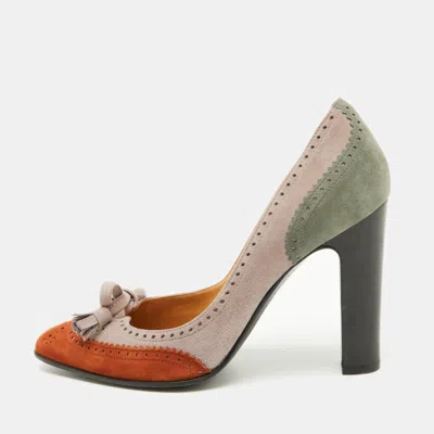 Pre-owned Hermes Multicolor Suede Brogue Bow Accents Pumps Size 37.5