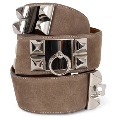 Pre-owned Hermes Muscat Taupe Eversoft Suede Collier De Chien 50 Belt 85 In Brown