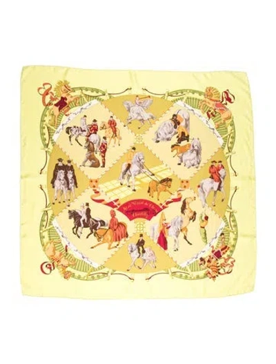 Pre-owned Hermes Musée Vivant Du Cheval Silk Scarf In Yellow