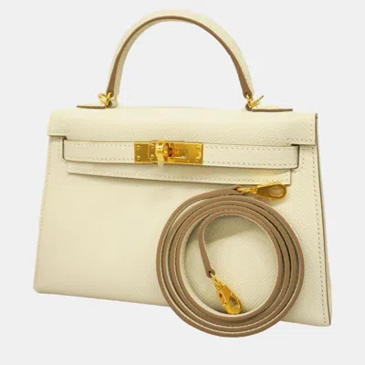 Pre-owned Hermes Mushroom Epson Kelly B Engraved Vaux Ladies Handbag In Cream